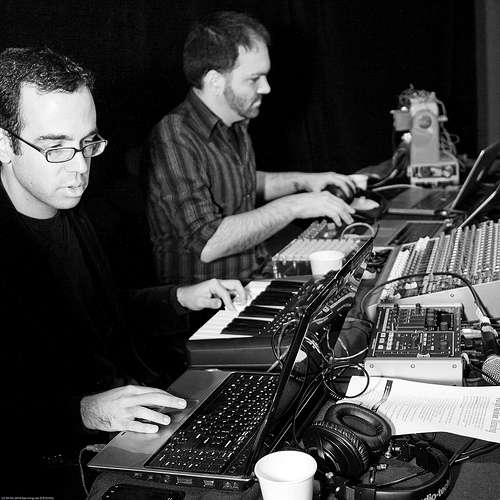 Circuit Bending Orchestra: Peter Kirn + Matt Ganucheau + Lara Grant, Diana Eng's Fairytale Fashion Show at Eyebeam NYC / 20100224.7D.03474.P1.L1.C45.BW / SML